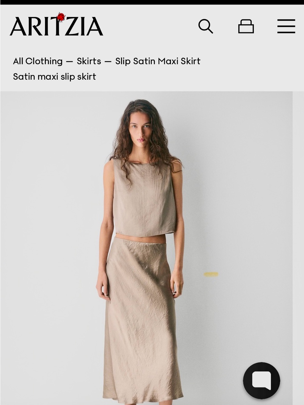 Aritzia Shimmery Taupe Satin Midi Skirt